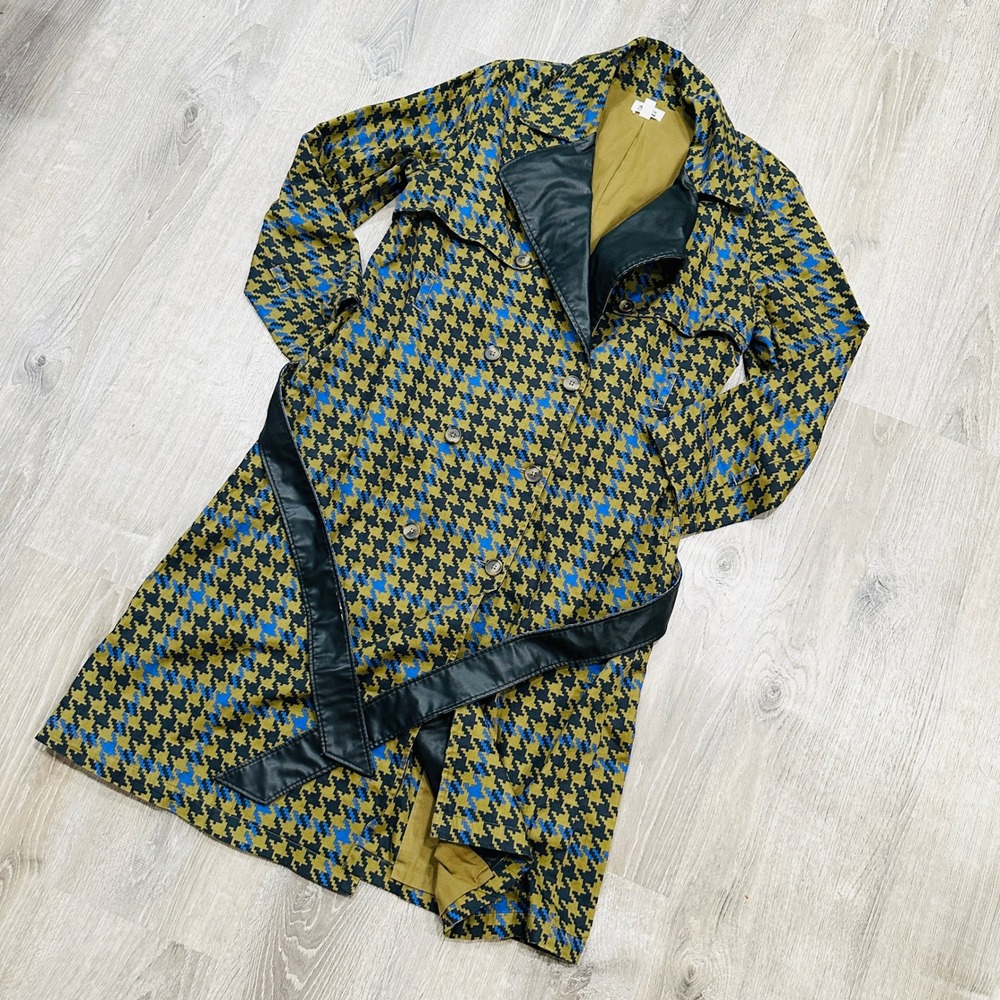 The Drop signedblake Houndstooth Trench Coat Olive Blue Faux Leather‎ Trim M
